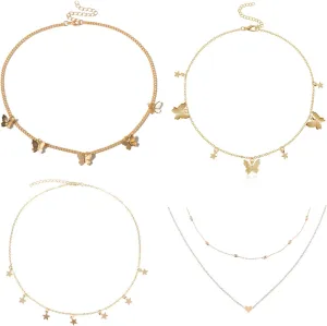4PCS Butterfly Star Choker Necklace Gold Layered Chain Necklace Cute Vsco Choker Necklace Aesthetic Necklace for Women Teen Girls