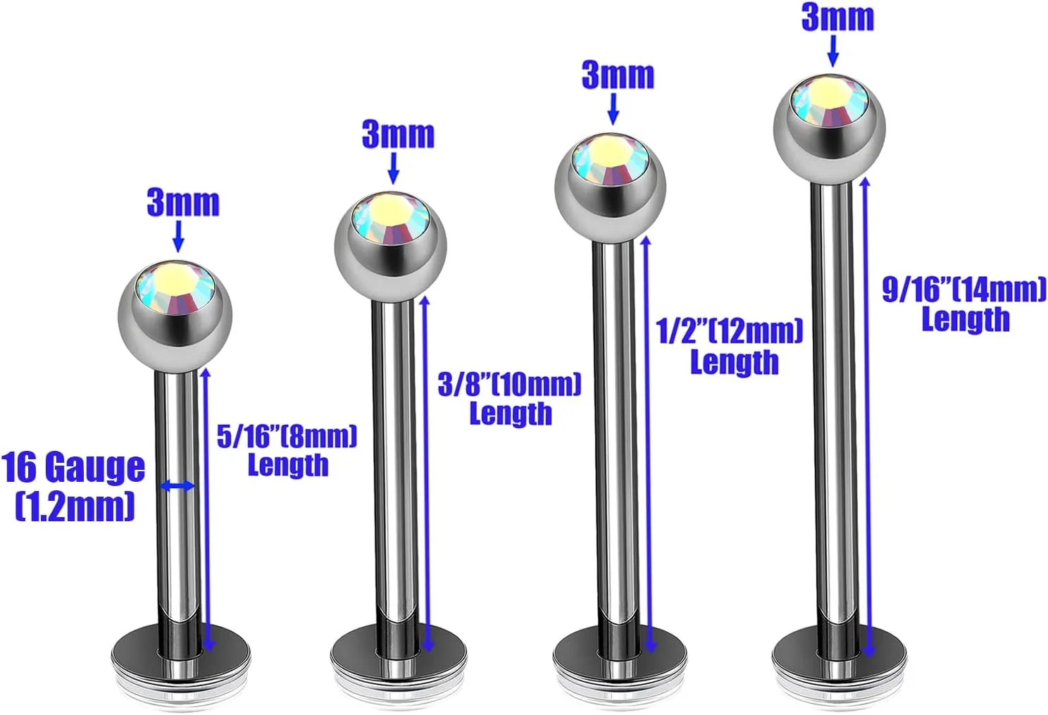 4Pcs Surgical Steel 16g 8mm 10mm 12mm 14mm Labret Studs Piercing Jewelry Monroe Tragus Medusa 3mm Crystal Ball More Choices