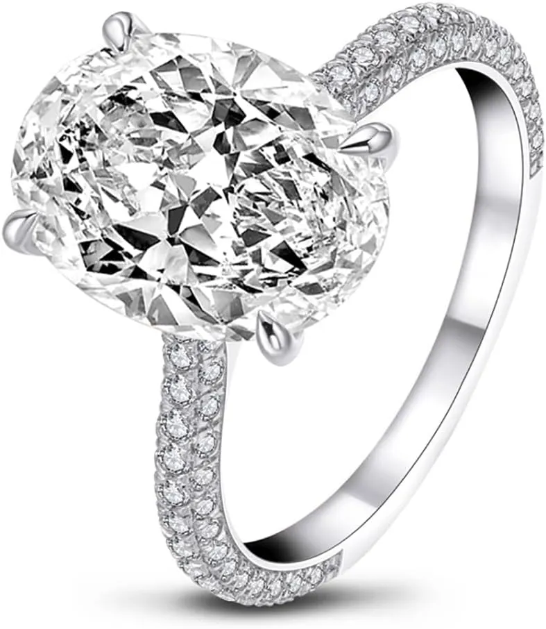 5 CT Oval Cut Lab Grown Diamond Rings, 18k White Rose Gold Plated 925 Sterling Silver Engagement Ring for Women, D Color VVS1 Simulated Diamond, Wedding Band Promise Ring