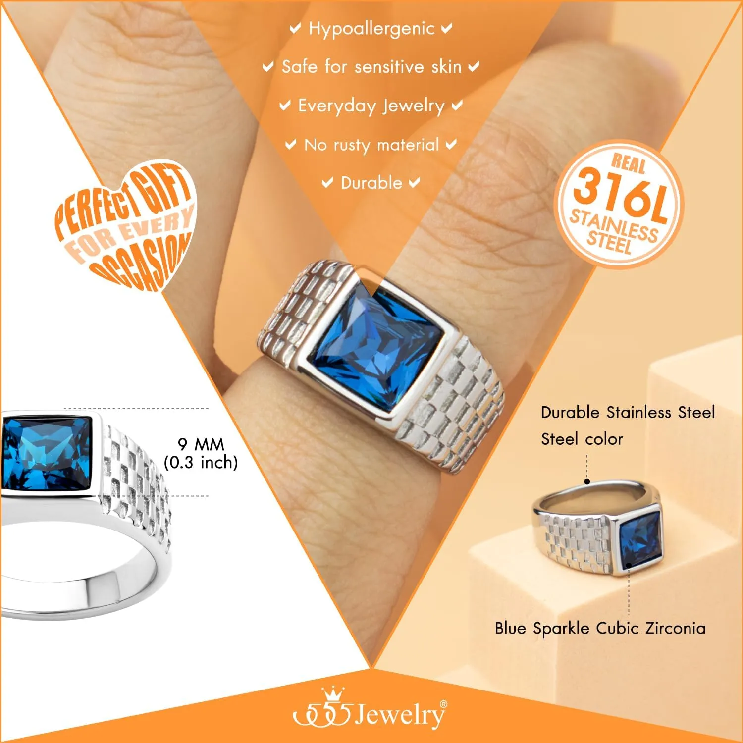 555Jewelry Stainless Steel Onyx Mens Ring Square Onyx Ring Mens Signet Ring Pinky Ring for Men Thumb Ring Band | US Size 7-12