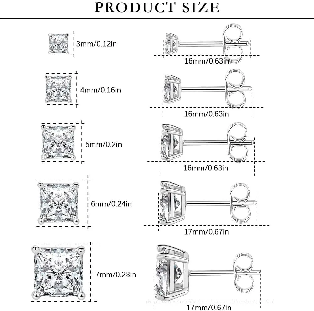 5/6 Pairs Square Clear Cubic Zirconia Stud Earring, 14k Gold Plated Earrings Studs for Women, Stainless Steel Hypoallergenic Small Stud Earrings, Silver Stud Earrings