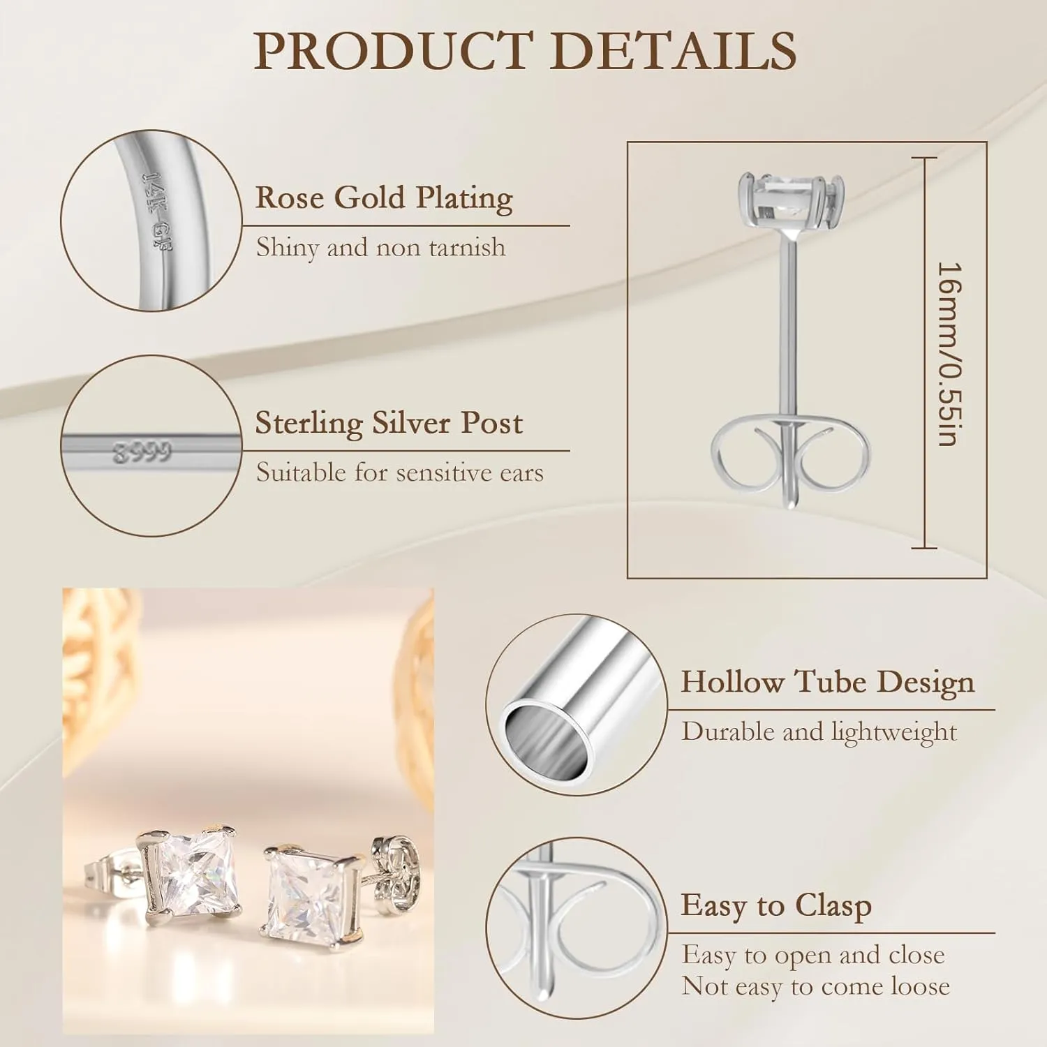 5/6 Pairs Square Clear Cubic Zirconia Stud Earring, 14k Gold Plated Earrings Studs for Women, Stainless Steel Hypoallergenic Small Stud Earrings, Silver Stud Earrings