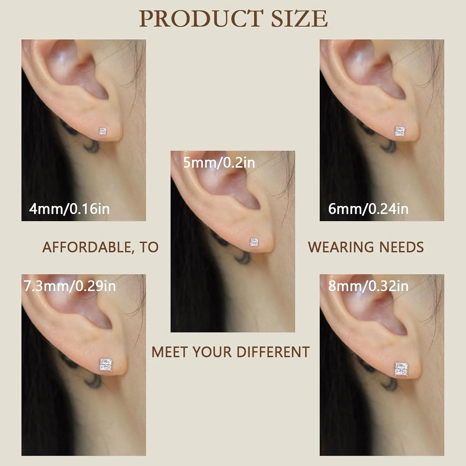 5/6 Pairs Square Clear Cubic Zirconia Stud Earring, 14k Gold Plated Earrings Studs for Women, Stainless Steel Hypoallergenic Small Stud Earrings, Silver Stud Earrings