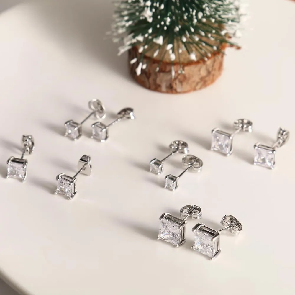 5/6 Pairs Square Clear Cubic Zirconia Stud Earring, 14k Gold Plated Earrings Studs for Women, Stainless Steel Hypoallergenic Small Stud Earrings, Silver Stud Earrings