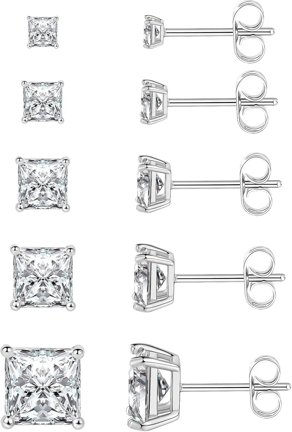 5/6 Pairs Square Clear Cubic Zirconia Stud Earring, 14k Gold Plated Earrings Studs for Women, Stainless Steel Hypoallergenic Small Stud Earrings, Silver Stud Earrings