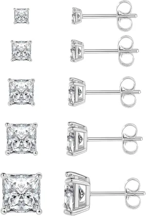 5/6 Pairs Square Clear Cubic Zirconia Stud Earring, 14k Gold Plated Earrings Studs for Women, Stainless Steel Hypoallergenic Small Stud Earrings, Silver Stud Earrings