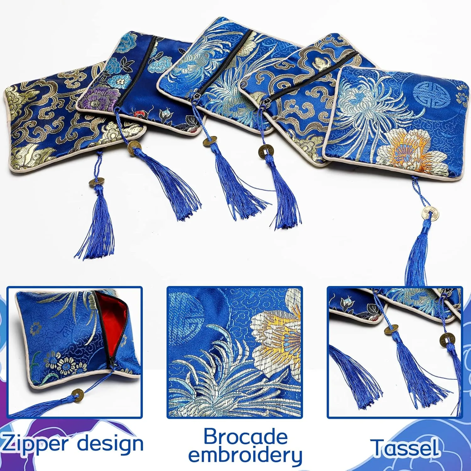 5PCS Jewelry Silk Purse Pouch, Chinese Silk Style Zipper Brocade Embroidered Bag for Women Coin Wallet (Deep Blue)