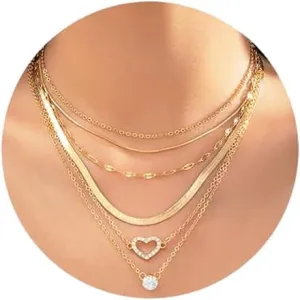 6 Pcs 14K Gold Plated Layered Necklace Set - Dainty Simple Gold Chokers with Heart Pendant & Rhinestone Necklace - Gold Paperclip & Snake Chain Jewelry Gifts for Women