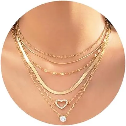 6 Pcs 14K Gold Plated Layered Necklace Set - Dainty Simple Gold Chokers with Heart Pendant & Rhinestone Necklace - Gold Paperclip & Snake Chain Jewelry Gifts for Women