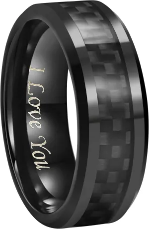 6mm 8mm 10mm Black Carbon Fiber Black Tungsten Carbide Wedding Band Ring Engraved I Love You Men Women Size 4 To 16