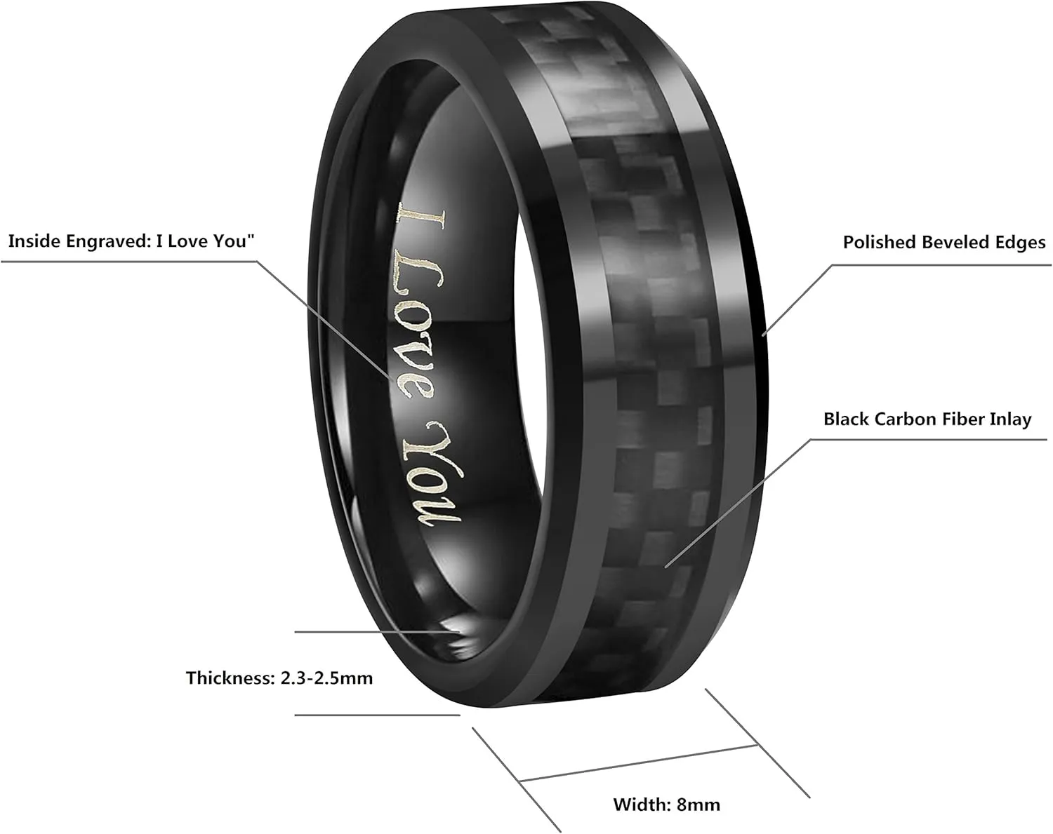 6mm 8mm 10mm Black Carbon Fiber Black Tungsten Carbide Wedding Band Ring Engraved I Love You Men Women Size 4 To 16