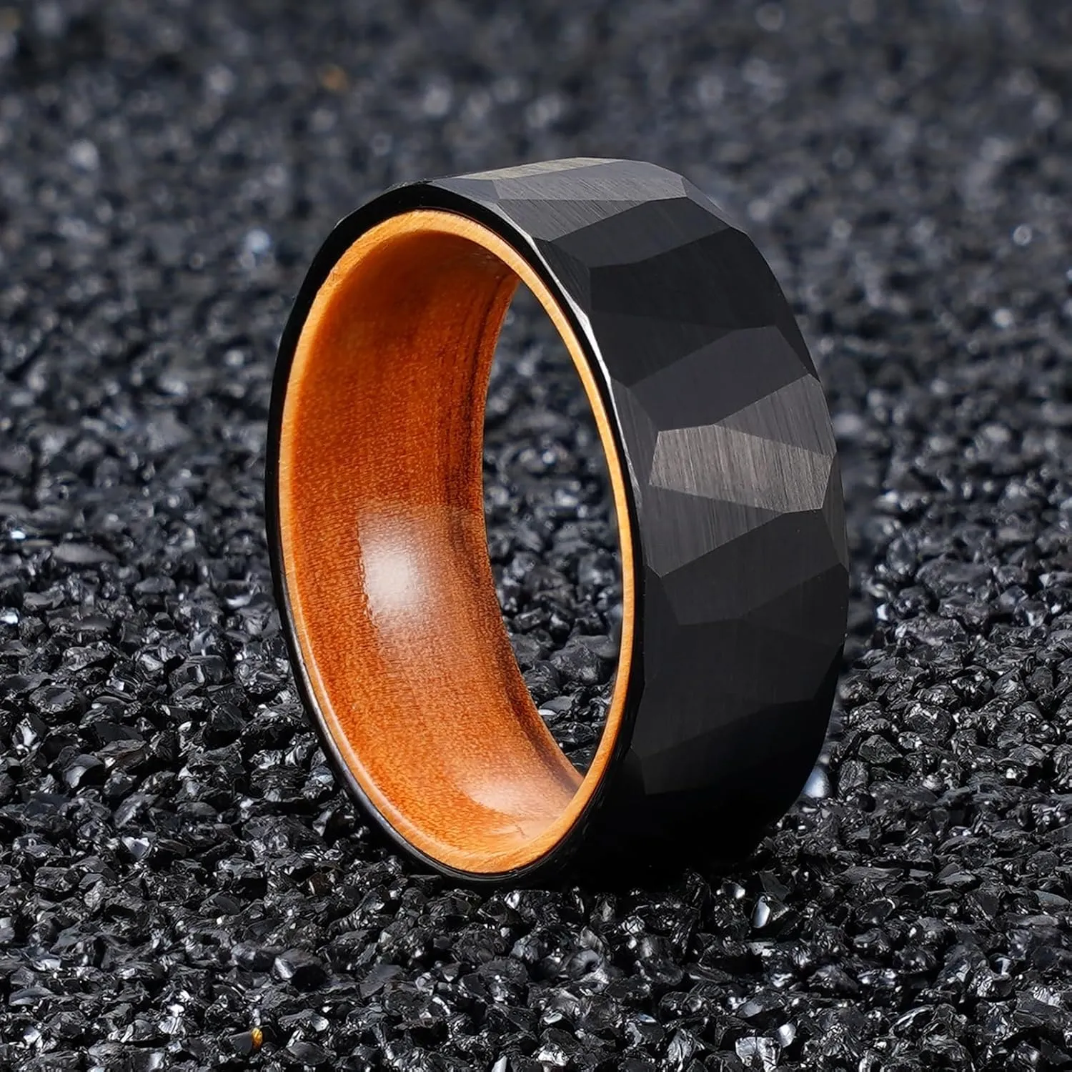 6MM 8mm Black/silver/gold Tungsten Rings for Men Womens Couple Fashion Jewelry Promise Engagement Wedding Band Hammered Inner ring inlaid with olive wood Carbide Polished Edge Comfort Fit