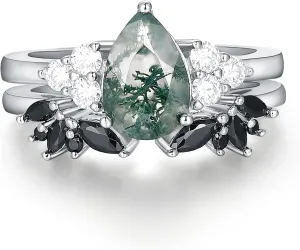 6x9mm Natural Pear Cut Moss Agate Bridal Ring Set,Cluster Genuine Moissanite Engagement Ring,V Shaped Open Ring Band, Sterling Silver Platinum, moss agate