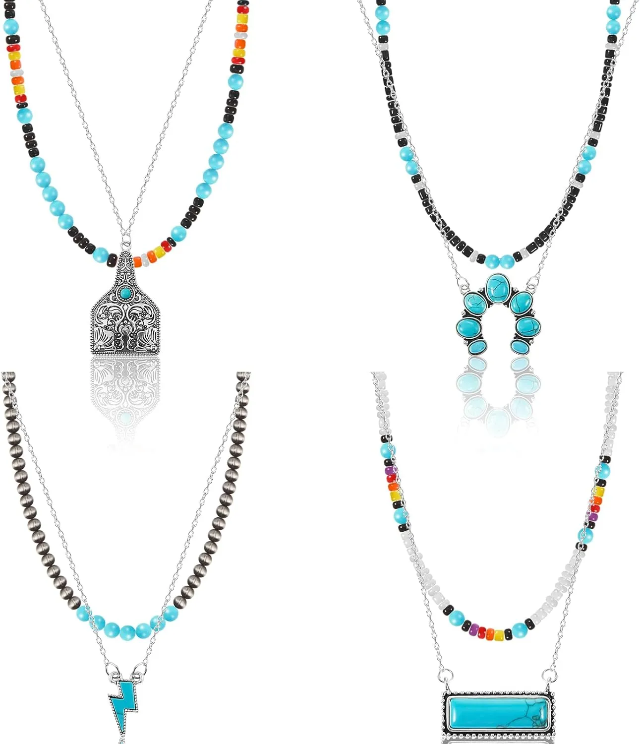8 Pcs Western Necklaces Western Jewelry for Women Turquoise 4 Turquoise Boho Necklaces and 4 Beaded Choker for Christmas