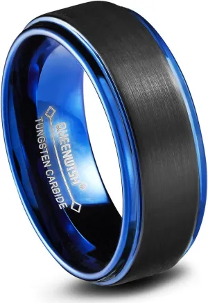 8mm Blue Tungsten Wedding Bands Black Brushed Classical Engagement Anniversary Rings for Couples Size 9