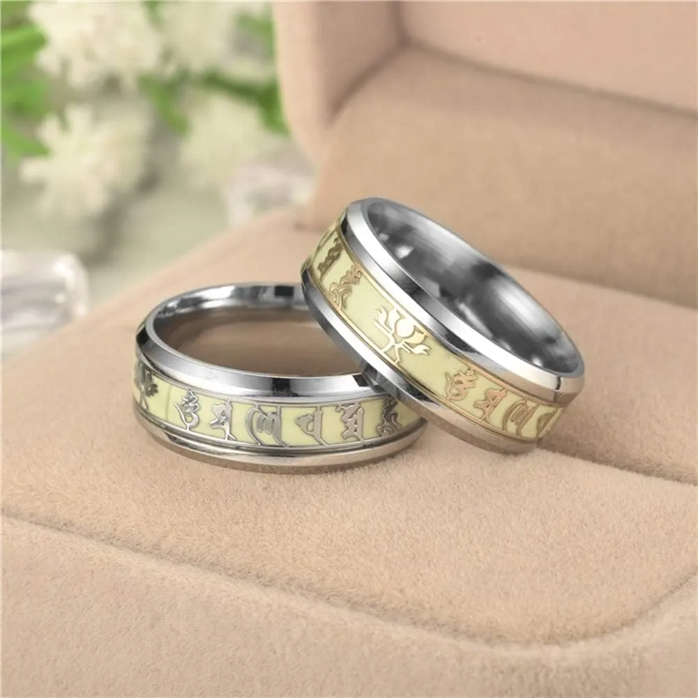 8MM Stainless Steel Six Words Mantra Rings Luminous Glow in The Dark