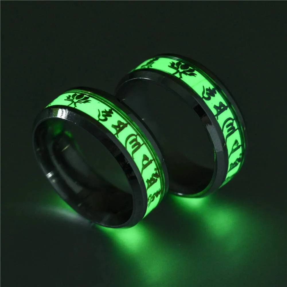 8MM Stainless Steel Six Words Mantra Rings Luminous Glow in The Dark