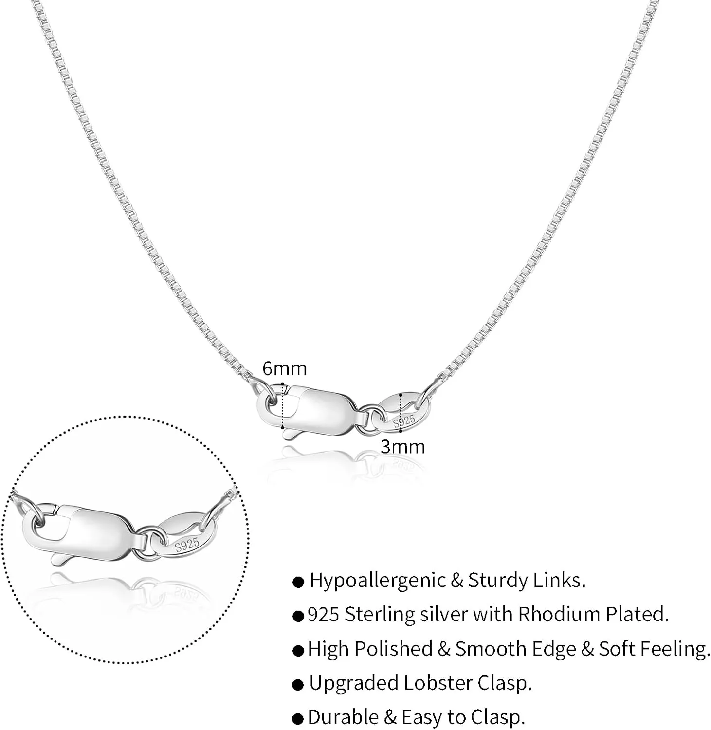 925 Sterling Silver Chain Necklace Chain for Women - 1.1mm Cable | 0.8mm Box | 3mm Snake Chain Necklace | Thin & Sturdy | 16/18/20 Inch