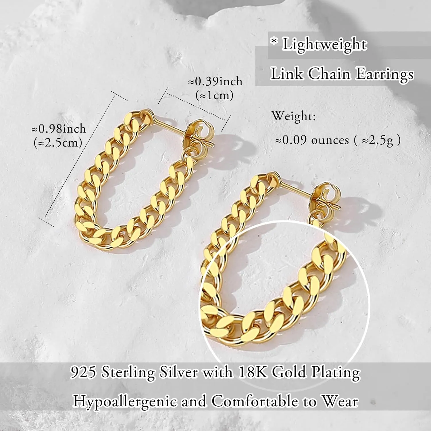 925 Sterling Silver Cuban Link Chain Dangle Drop Stud Earrings for Women, 18K Gold Plated Wrap Tassel Earrings