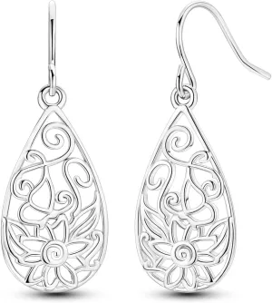 925 Sterling Silver Dangle Earrings for Women Filigree Teardrop Linear Drop Celtic Knot Statement Ear Bling Jewelry Crystal Clover Dragonfly Dangling Hook Helix Piercings