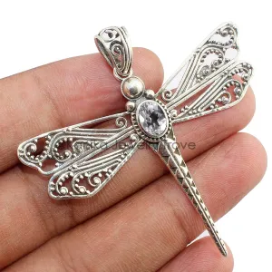 925 Sterling Silver Dragonfly Pendant for Women & Girl Gift, 7x5MM Oval Cut Crystal Quartz Memorial Pendant without Golden Ball
