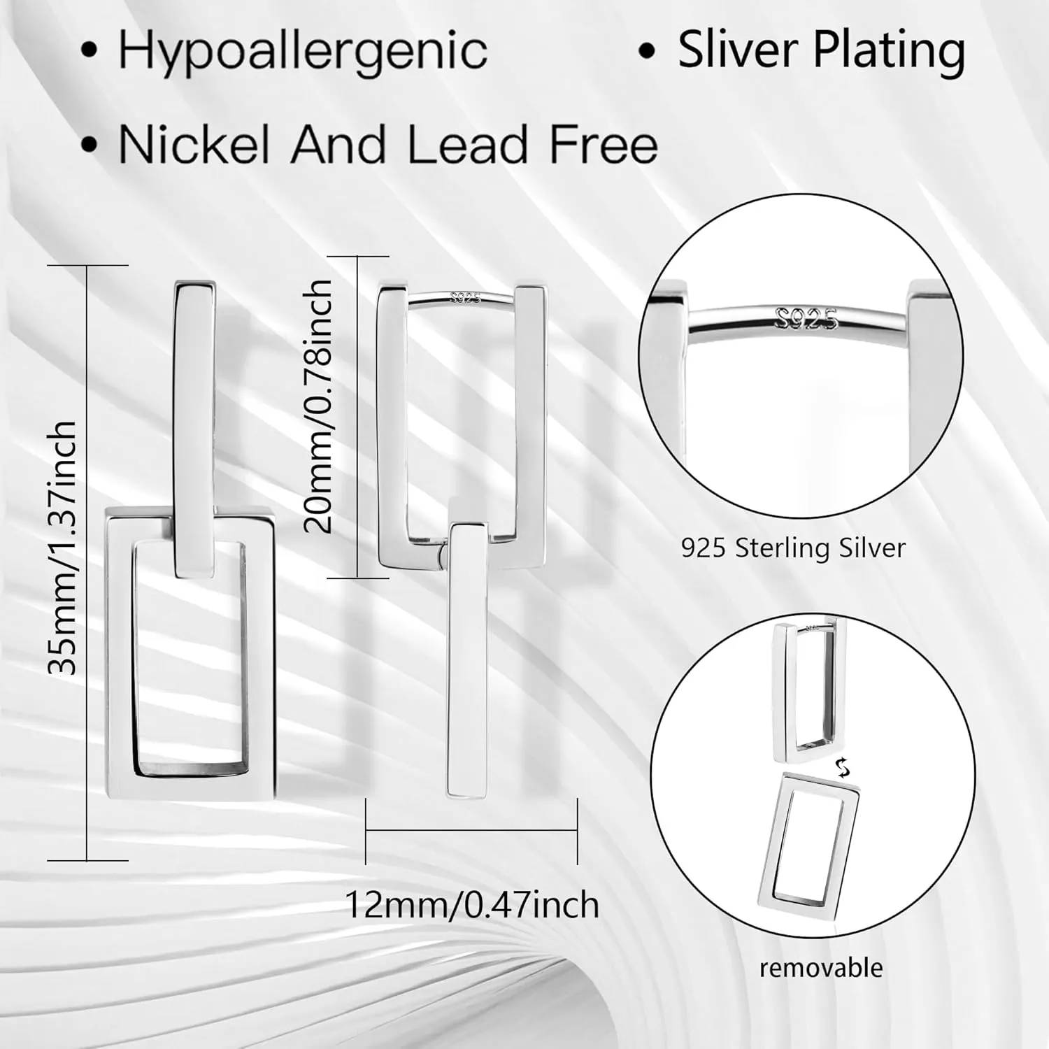 925 Sterling Silver Earrings for Women Trendy Square Hoop Earrings Minimalist Geometric Rectangle Earing, Hypoallergenic Huggie Hoops Fashion Jewelry