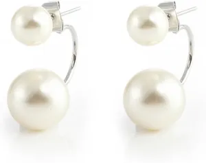925 Sterling Silver Front Back Real breeding Freshwater Pearls 2 in 1 Adjustable Earrings Earrings Earmuffs Sleeves - Ladies 18K Gold Size Double Pearls-Silver