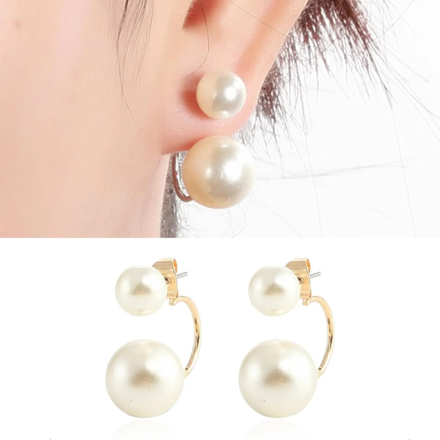 925 Sterling Silver Front Back Real breeding Freshwater Pearls 2 in 1 Adjustable Earrings Earrings Earmuffs Sleeves - Ladies 18K Gold Size Double Pearls-Silver