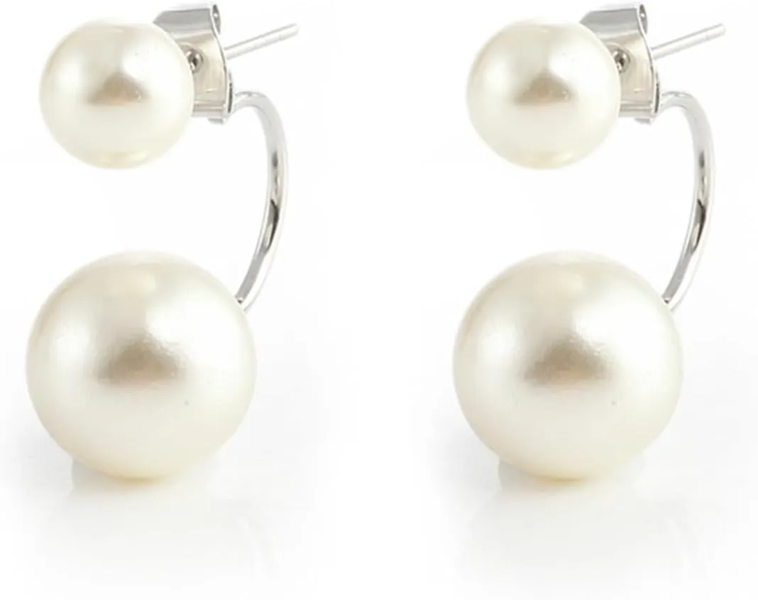 925 Sterling Silver Front Back Real breeding Freshwater Pearls 2 in 1 Adjustable Earrings Earrings Earmuffs Sleeves - Ladies 18K Gold Size Double Pearls-Silver