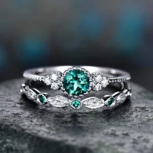 925 Sterling Silver Natural Emerald Shiny Jade Ring Round Cut Cubic Zirconia Promise Ring CZ Classic Eternal Engagement Wedding Ring 2 Set Jewelry-Making-Patterns