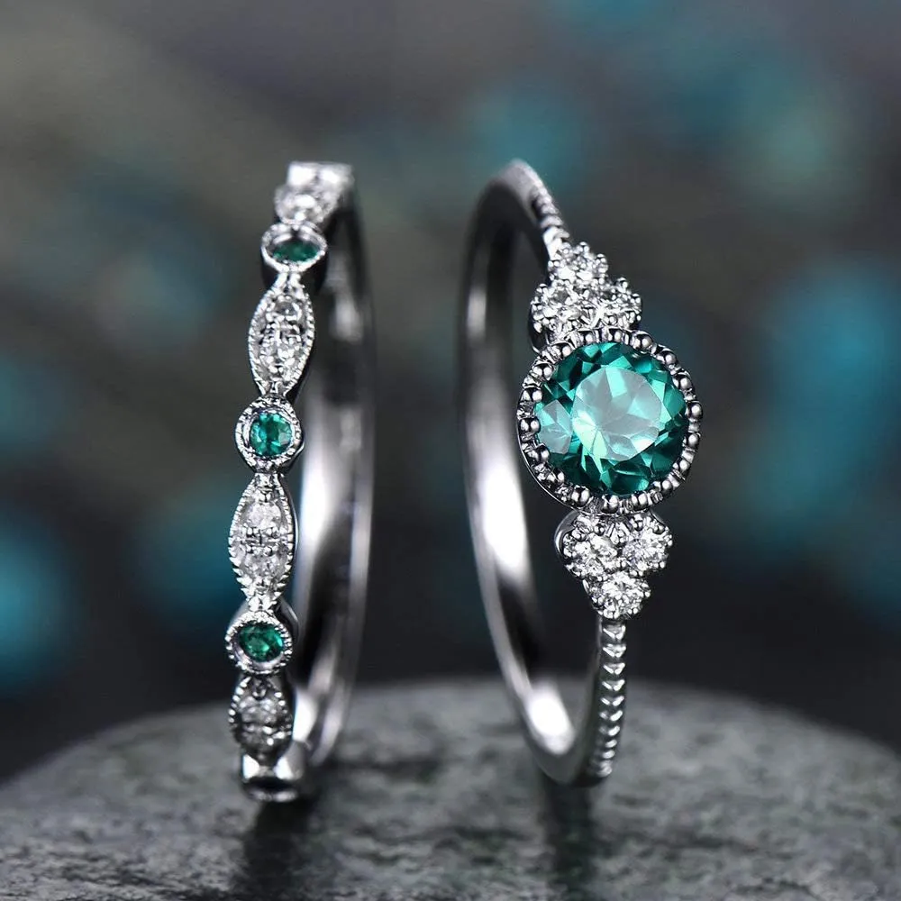 925 Sterling Silver Natural Emerald Shiny Jade Ring Round Cut Cubic Zirconia Promise Ring CZ Classic Eternal Engagement Wedding Ring 2 Set Jewelry-Making-Patterns