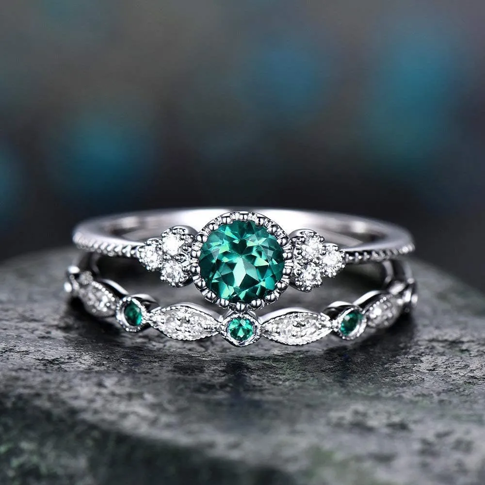 925 Sterling Silver Natural Emerald Shiny Jade Ring Round Cut Cubic Zirconia Promise Ring CZ Classic Eternal Engagement Wedding Ring 2 Set Jewelry-Making-Patterns