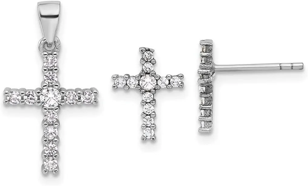 925 Sterling Silver Rhodium Plated CZ Simulated Diamond Religious Faith Cross Post Earrings and Pendant Necklace Set Jewelry-Set for Women