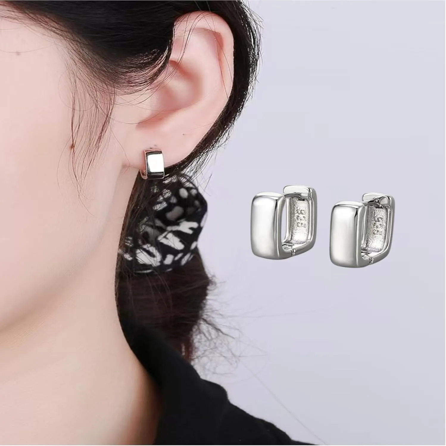925 Sterling Silver Small Square Huggie Hoop Earrings for Women Chunky Geometric Minimalist Hoops