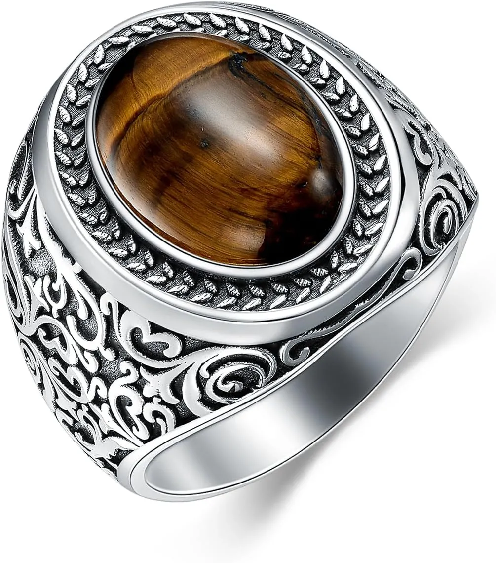925 Sterling Silver Tigers Eye Ring for Men Oval Tiger Eye Stone Turkish Rings Chunky Vintage Christmas Birthday Jewelry Gifts for Father Husband Boyfriend Son