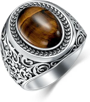 925 Sterling Silver Tigers Eye Ring for Men Oval Tiger Eye Stone Turkish Rings Chunky Vintage Christmas Birthday Jewelry Gifts for Father Husband Boyfriend Son