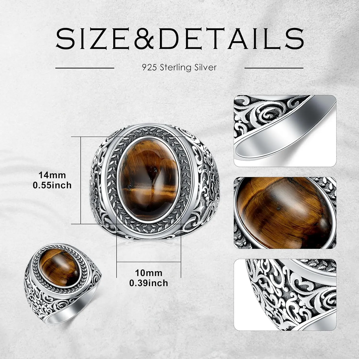 925 Sterling Silver Tigers Eye Ring for Men Oval Tiger Eye Stone Turkish Rings Chunky Vintage Christmas Birthday Jewelry Gifts for Father Husband Boyfriend Son