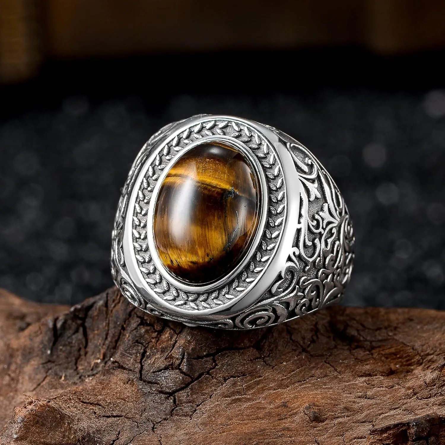 925 Sterling Silver Tigers Eye Ring for Men Oval Tiger Eye Stone Turkish Rings Chunky Vintage Christmas Birthday Jewelry Gifts for Father Husband Boyfriend Son