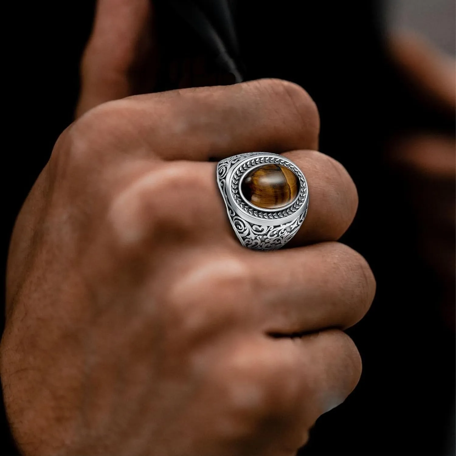 925 Sterling Silver Tigers Eye Ring for Men Oval Tiger Eye Stone Turkish Rings Chunky Vintage Christmas Birthday Jewelry Gifts for Father Husband Boyfriend Son
