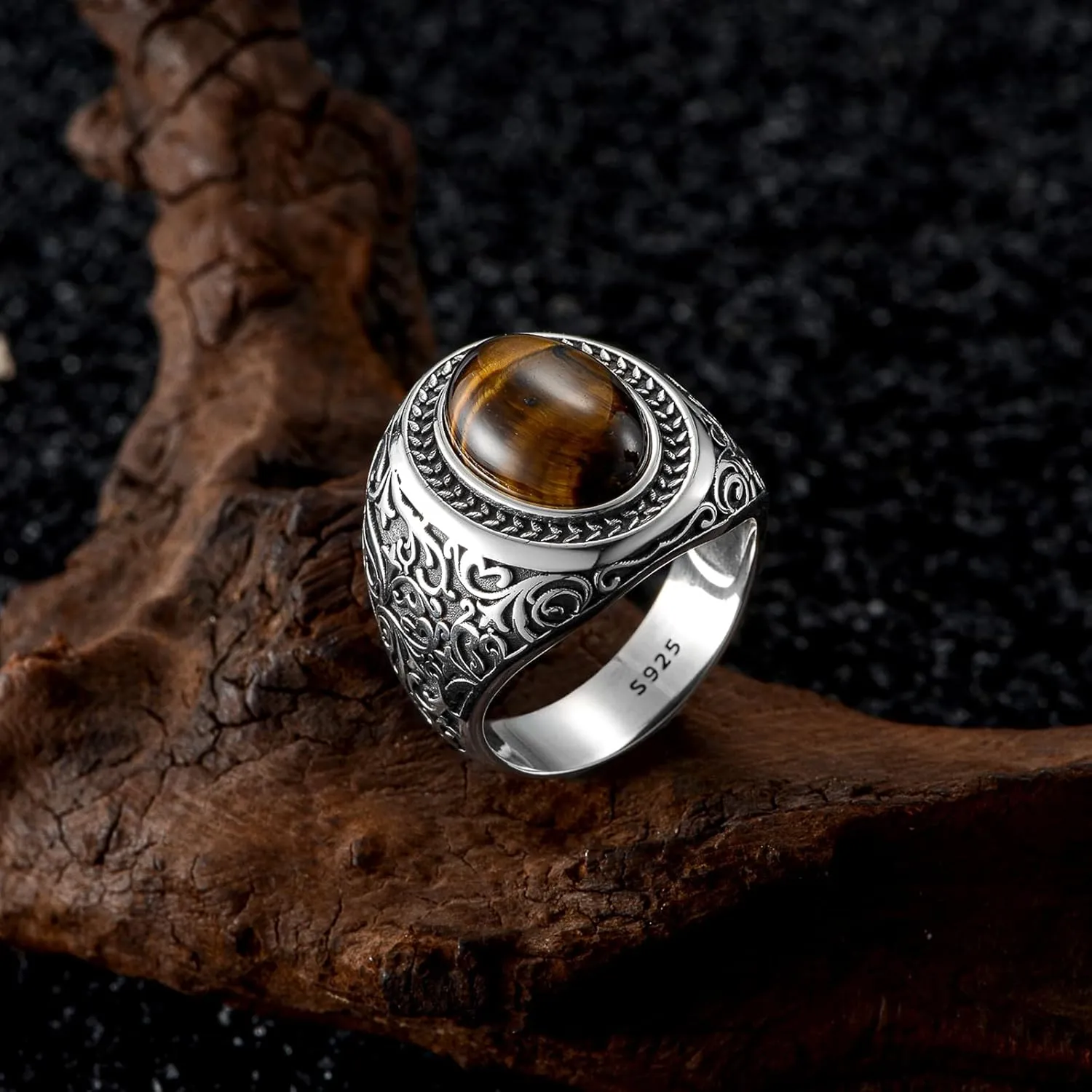 925 Sterling Silver Tigers Eye Ring for Men Oval Tiger Eye Stone Turkish Rings Chunky Vintage Christmas Birthday Jewelry Gifts for Father Husband Boyfriend Son
