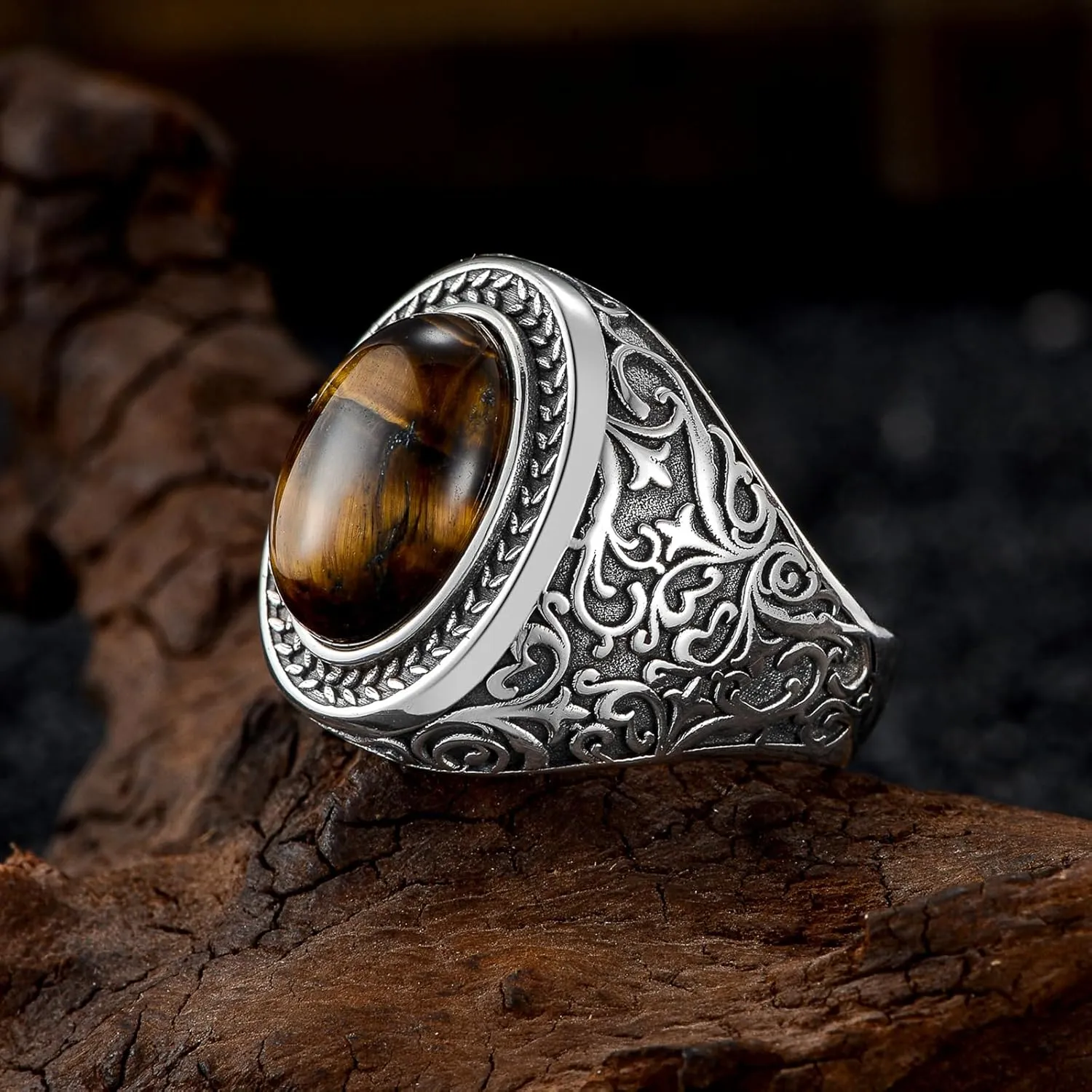 925 Sterling Silver Tigers Eye Ring for Men Oval Tiger Eye Stone Turkish Rings Chunky Vintage Christmas Birthday Jewelry Gifts for Father Husband Boyfriend Son