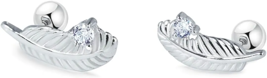 925 Sterling Silver Tiny Feather Stud Earrings/Screw Back