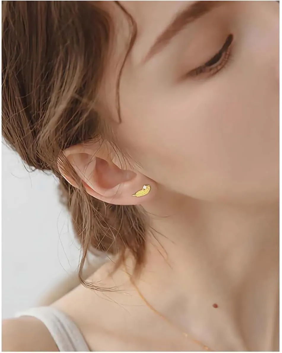925 Sterling Silver Tiny Feather Stud Earrings/Screw Back