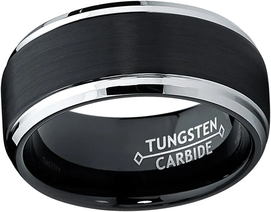 9MM Black Two Tone Tungsten Carbide Men's Brushed Wedding Band Ring, Comfort Fit Sizes 8 to 13