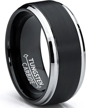 9MM Black Two Tone Tungsten Carbide Men's Brushed Wedding Band Ring, Comfort Fit Sizes 8 to 13