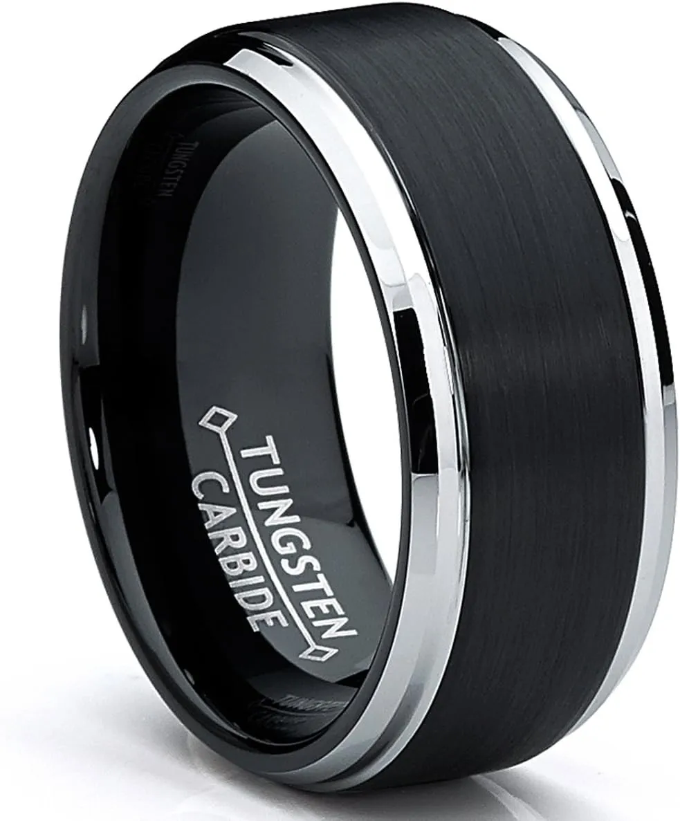 9MM Black Two Tone Tungsten Carbide Men's Brushed Wedding Band Ring, Comfort Fit Sizes 8 to 13