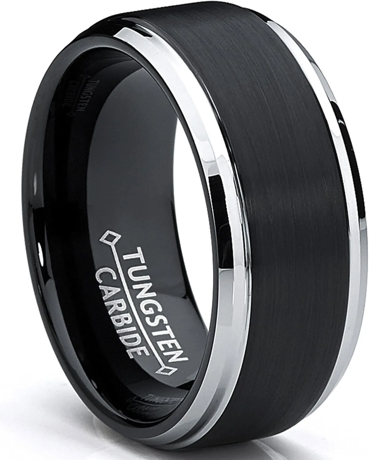 9MM Black Two Tone Tungsten Carbide Men's Brushed Wedding Band Ring, Comfort Fit Sizes 8 to 13