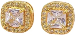9mm Square Cubic Zirconia Stud Earrings, Gold Plated Brass, AAA Zircon Halo
