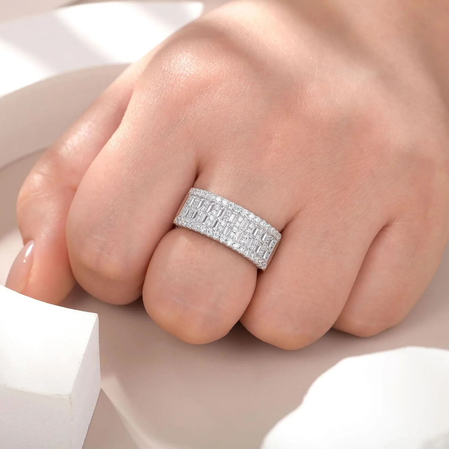 AAAAA Cz Wedding Bands for Women 925 Sterling Silver Emerald Wide Band Rings Anniversary Eternity Ring Size 5-10