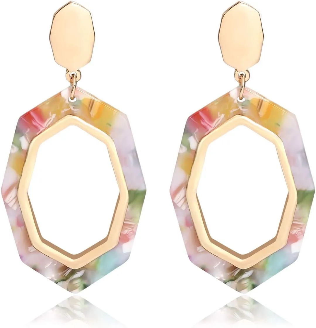 Acrylic Earrings Bohemian Women's Metallic Octagon Resin Hoop Drop Earrings Dangle